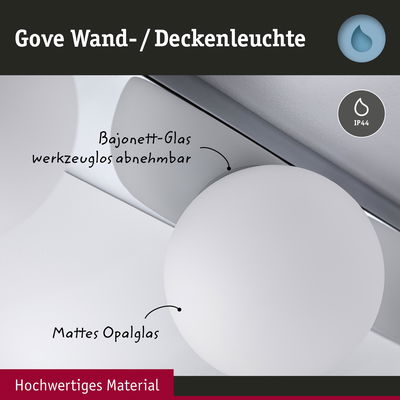 Gove Wand- und Deckenleuchte mit mattweißem Opalglas und abnehmbarem Bajonett-Glas, IP44 Schutz