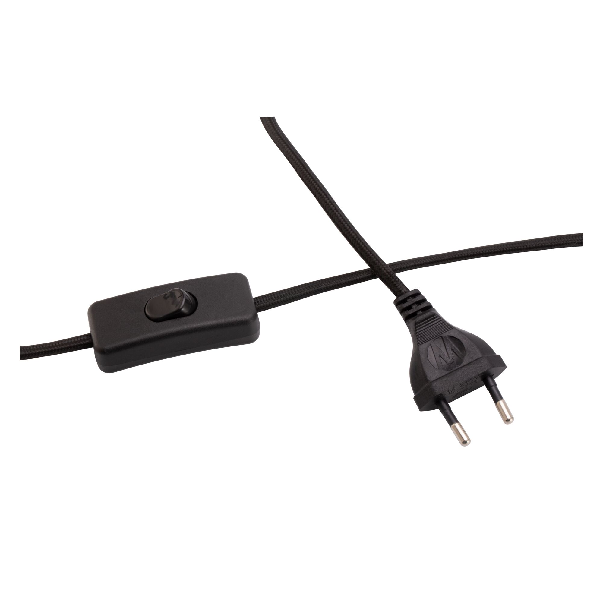 Schwarzes Stromkabel mit Kippschalter und Euro-Stecker für elektrische Geräte und Beleuchtung