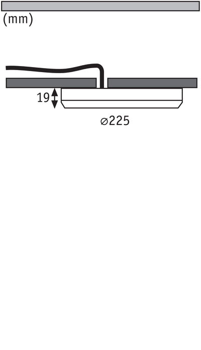 Technical drawing of a flat LED recessed spotlight with 225 mm diameter and 19 mm installation depth