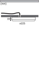 Technical drawing of a flat LED recessed spotlight with 225 mm diameter and 19 mm installation depth