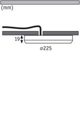 Technische Zeichnung eines flachen LED-Einbaustrahler mit 225 mm Durchmesser und 19 mm Einbautiefe