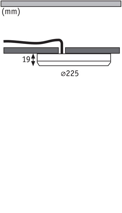 Technische Zeichnung eines flachen LED-Einbaustrahler mit 225 mm Durchmesser und 19 mm Einbautiefe