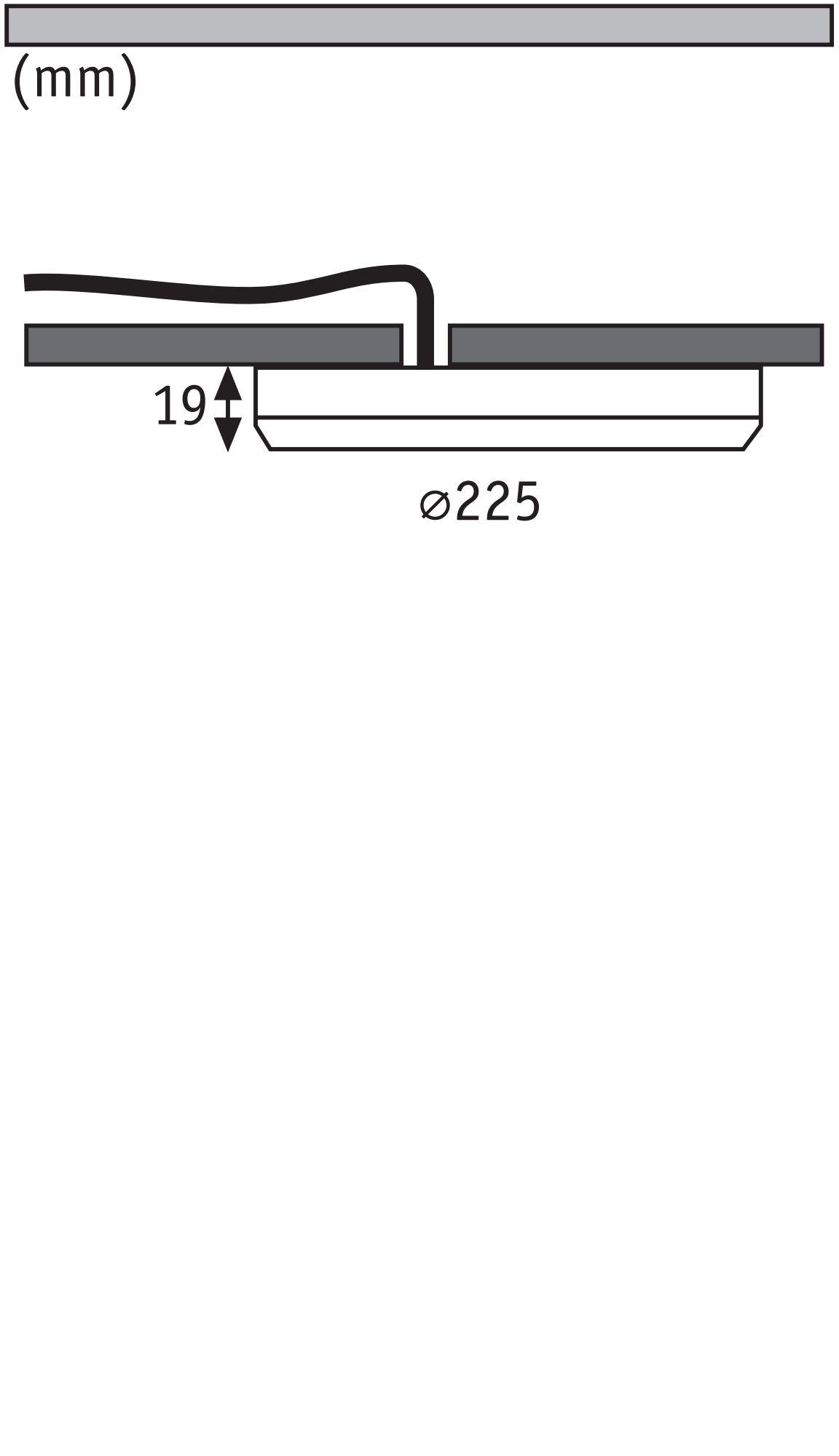 Technische Zeichnung eines Einbauleuchtendurchmessers von 225 mm und Einbautiefe 19 mm