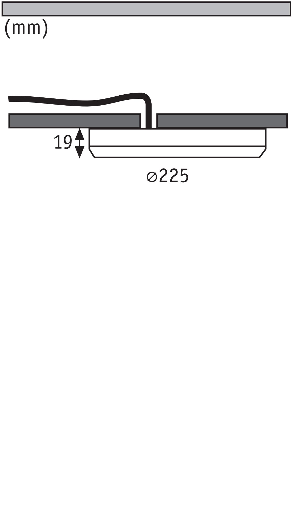 Technische Zeichnung eines Einbauleuchtendurchmessers von 225 mm und Einbautiefe 19 mm