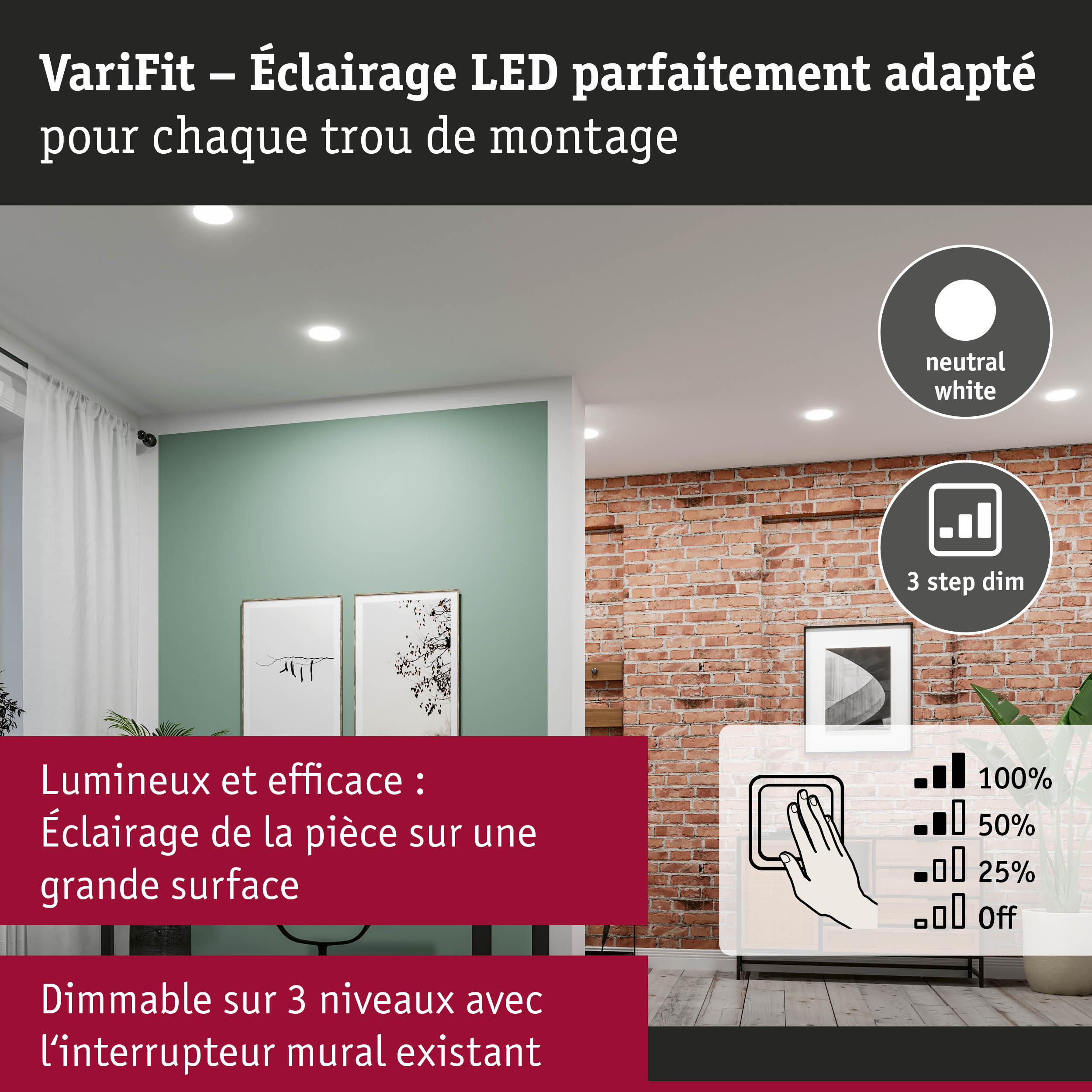 Spots LED VariFit en blanc neutre avec gradation 3 niveaux pour un éclairage efficace