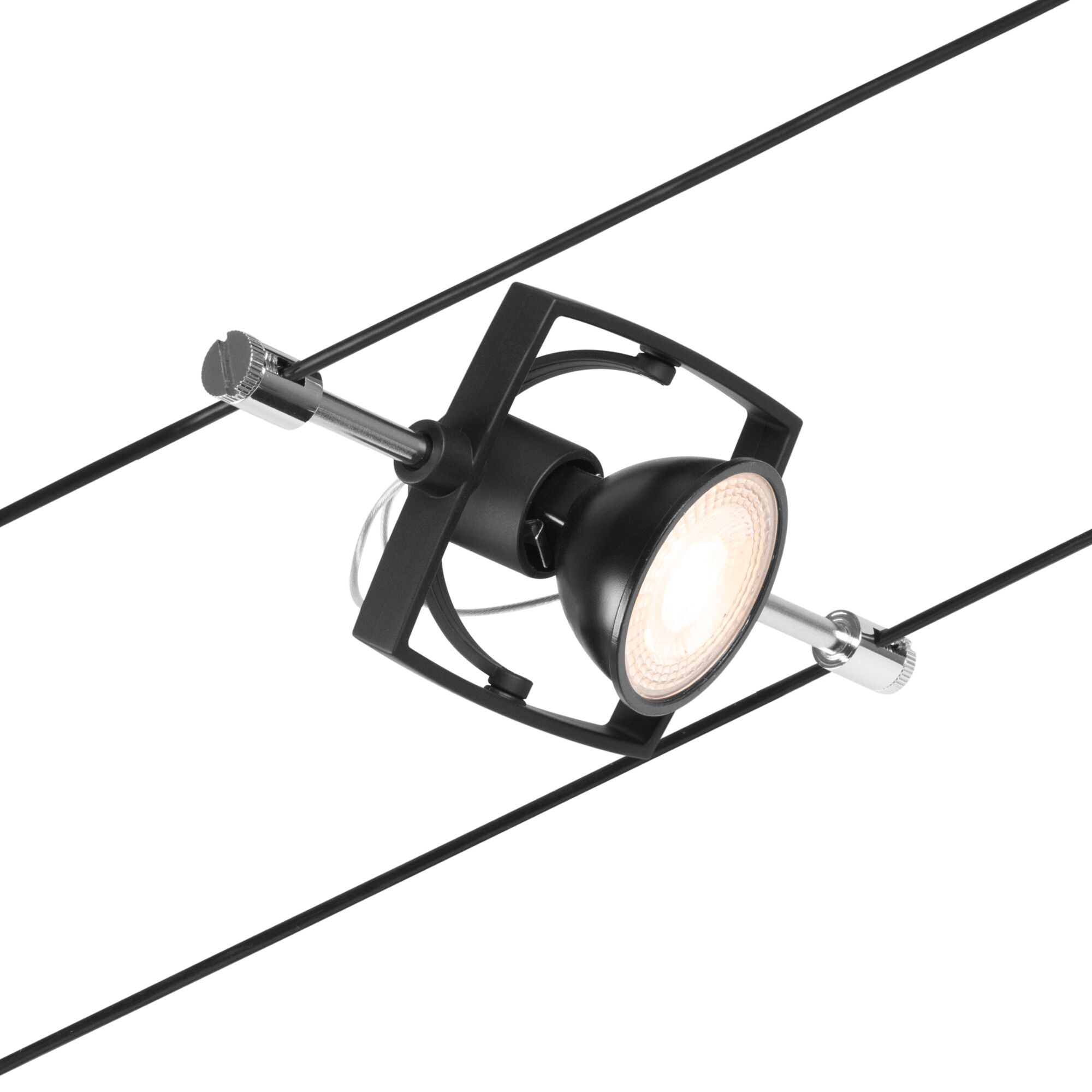Black LED cable spotlight with adjustable lamp and metal frame for modern lighting solutions