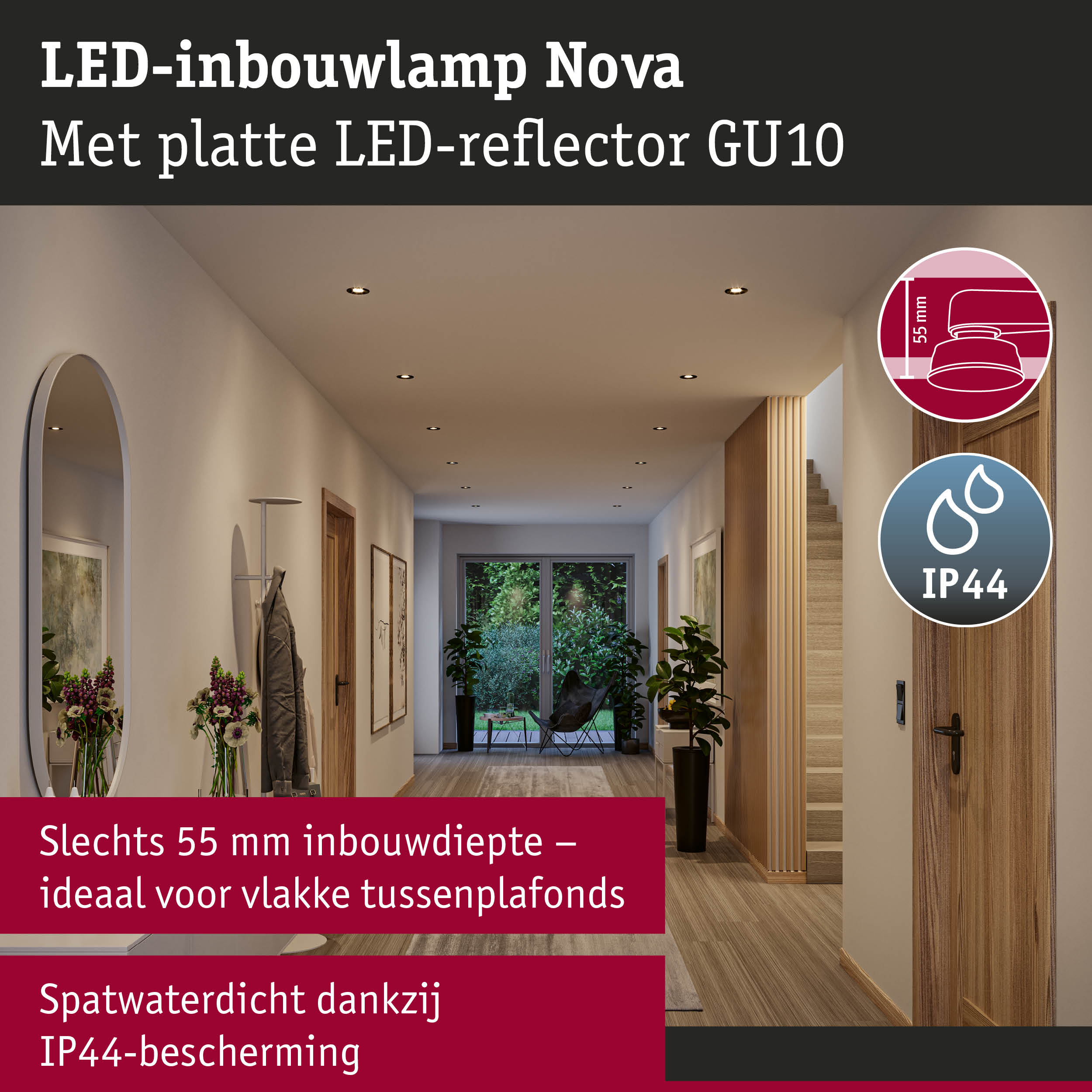 LED-inbouwlamp Nova met platte LED-reflector GU10, 55 mm inbouwdiepte, IP44 spatwaterdicht