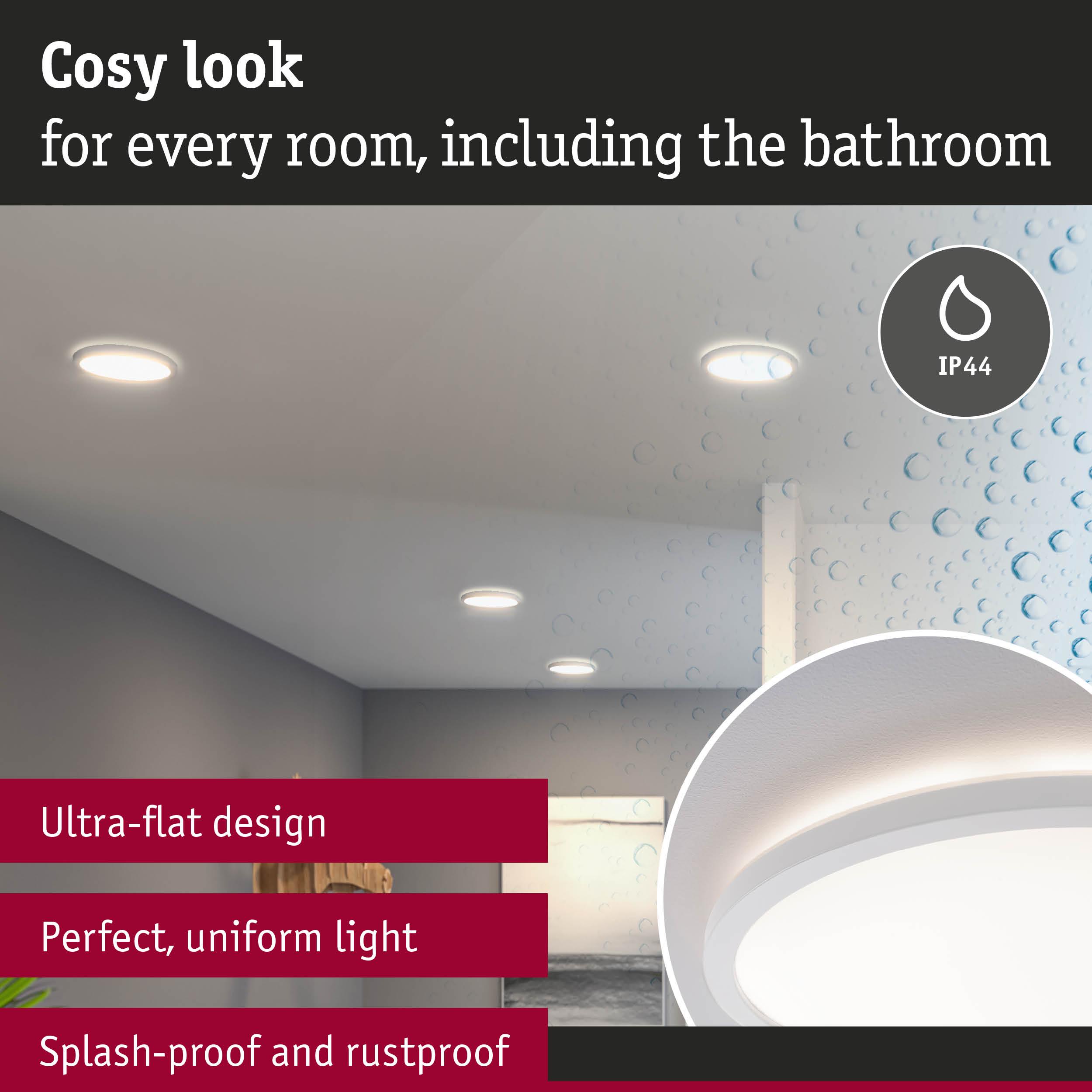 Ultra-flat white LED ceiling light with IP44 splash-proof rating for bathroom and living spaces