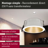 Spot encastré blanc avec anneau intérieur doré, montage direct 230 V sans transformateur, éclairage LED plafond