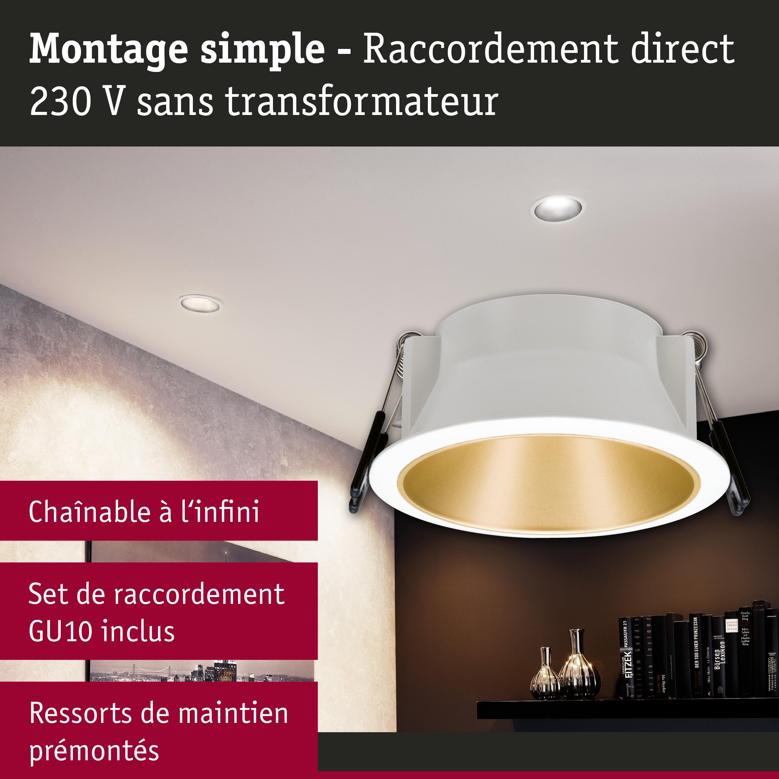 Spot encastré blanc avec anneau intérieur doré, montage direct 230 V sans transformateur, éclairage LED plafond