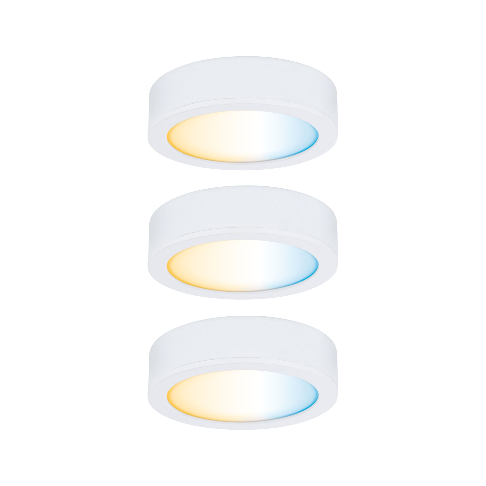 Drei weiße LED-Deckenleuchten mit stufenlos einstellbarem Farbtemperaturverlauf für Wohnräume.