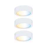 Three white LED ceiling lights with adjustable color temperature gradient for living spaces.