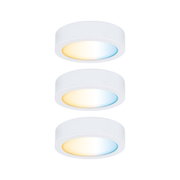 Three white LED ceiling lights with adjustable color temperature gradient for living spaces.