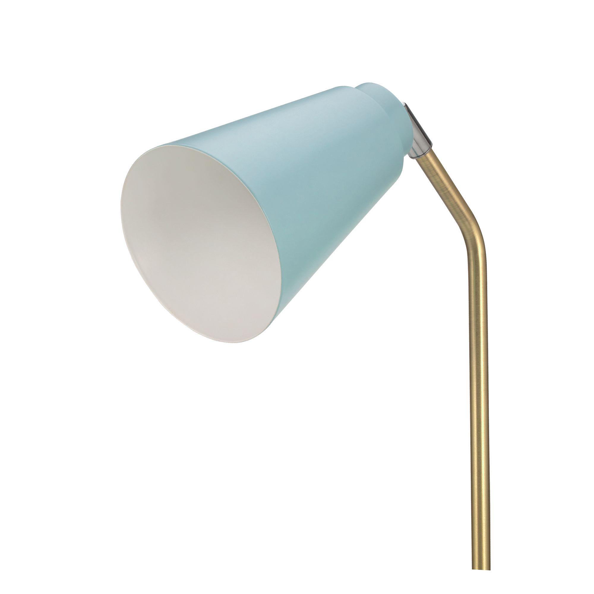 Wandlampe mit hellblauem Metall-Schirm und gebürstetem Messingarm für stilvolle Innenbeleuchtung