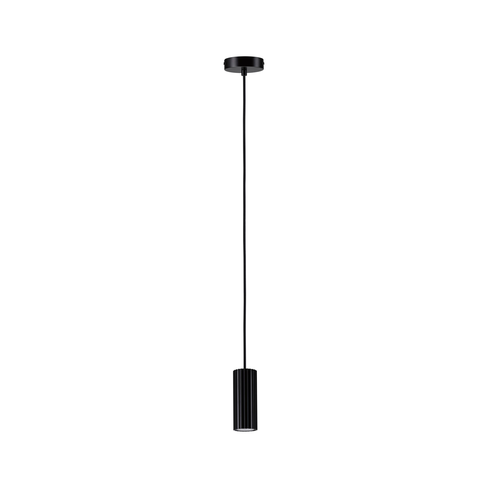 Black metal pendant light with ribbed cylinder and long cord for modern interior lighting