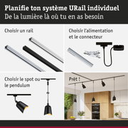 Système modulaire URail avec rails noirs et blancs, spots et suspensions pour un éclairage flexible