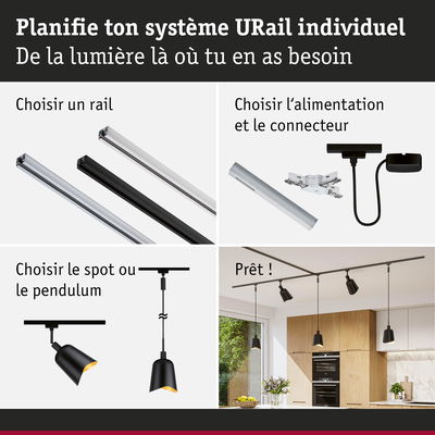 Système d'éclairage URail noir et argent avec spots et suspensions dans une cuisine moderne