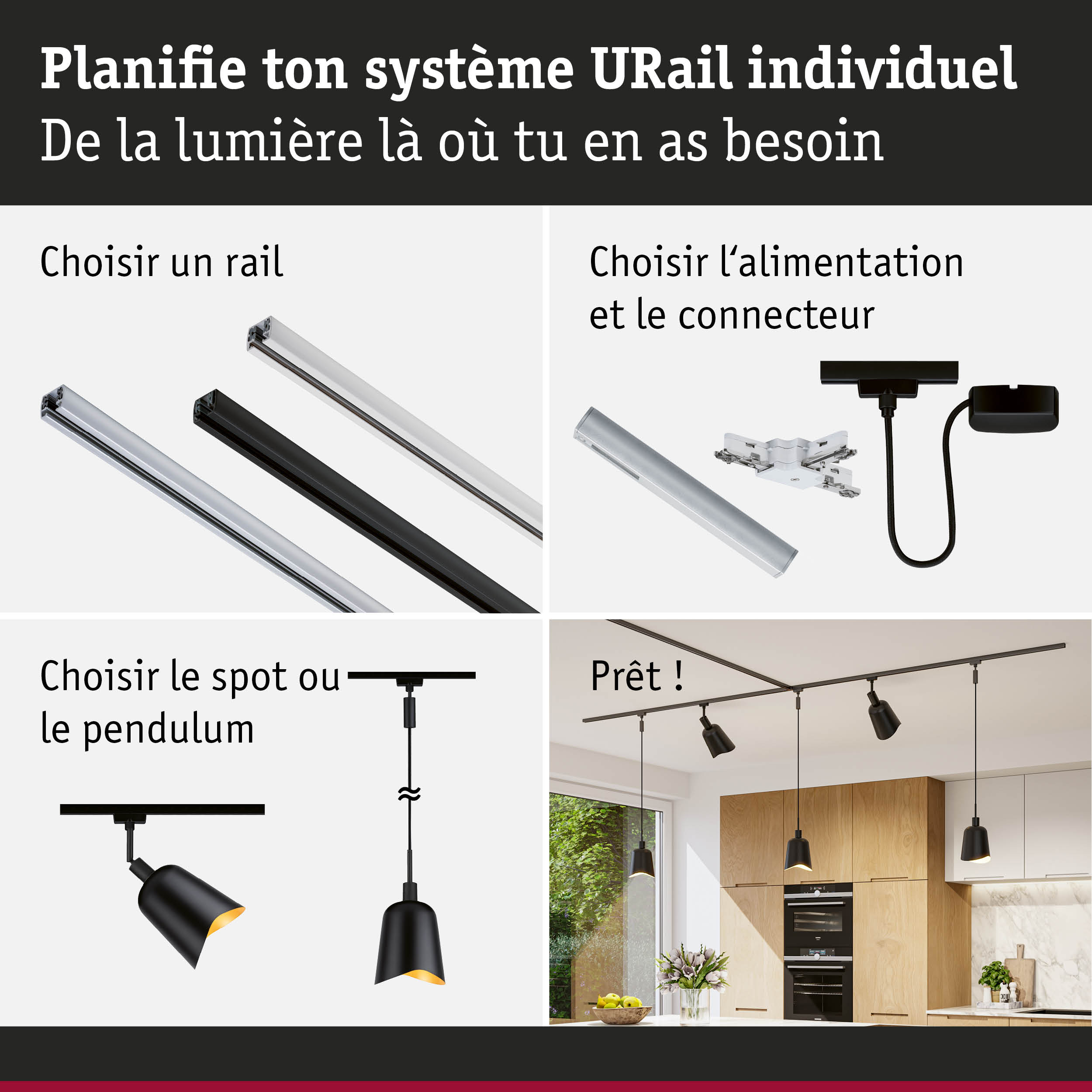 Système modulaire URail avec rails noirs et blancs, spots et suspensions pour un éclairage flexible