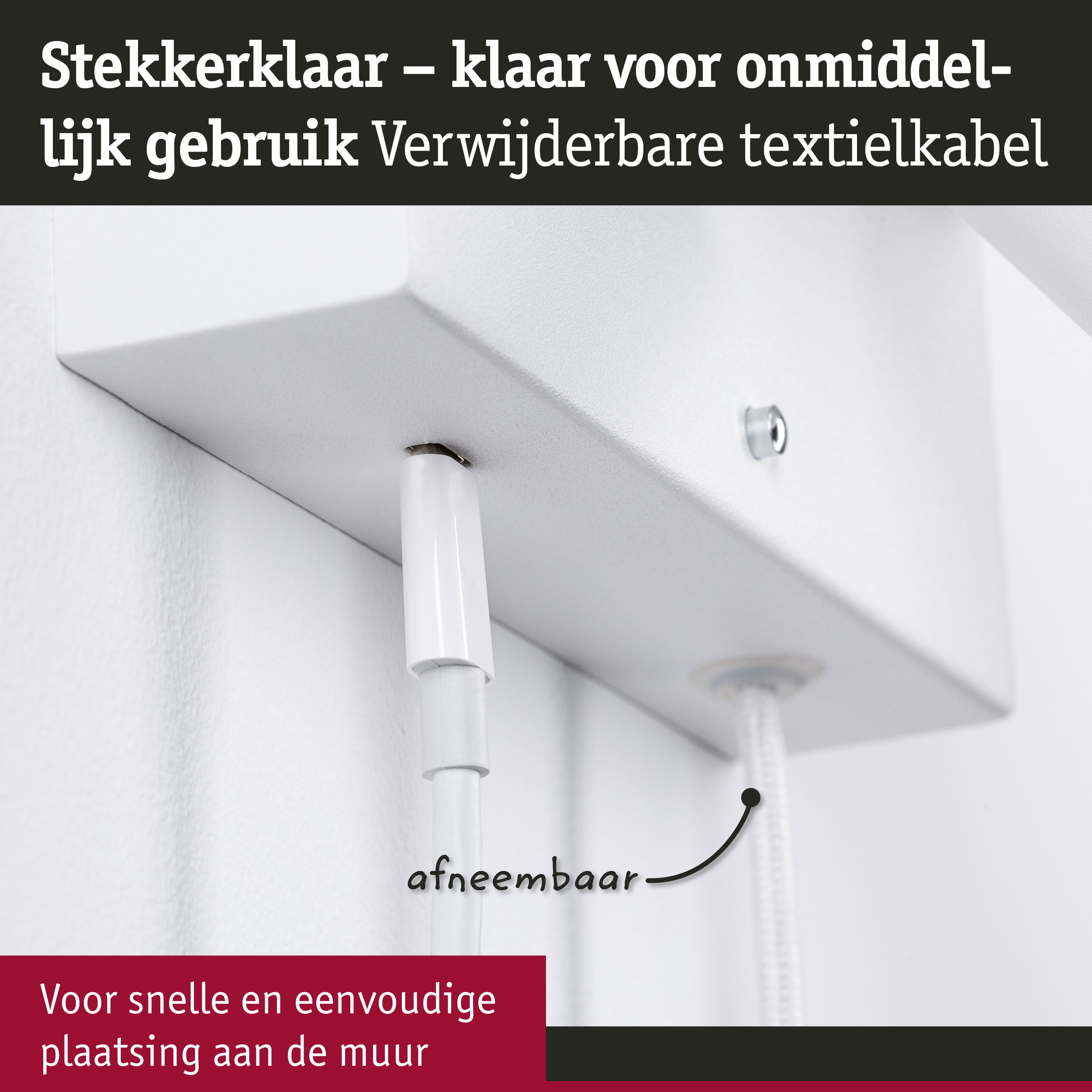 Witte stekkerbehuizing met afneembaar textielkabel voor snelle en eenvoudige wandmontage