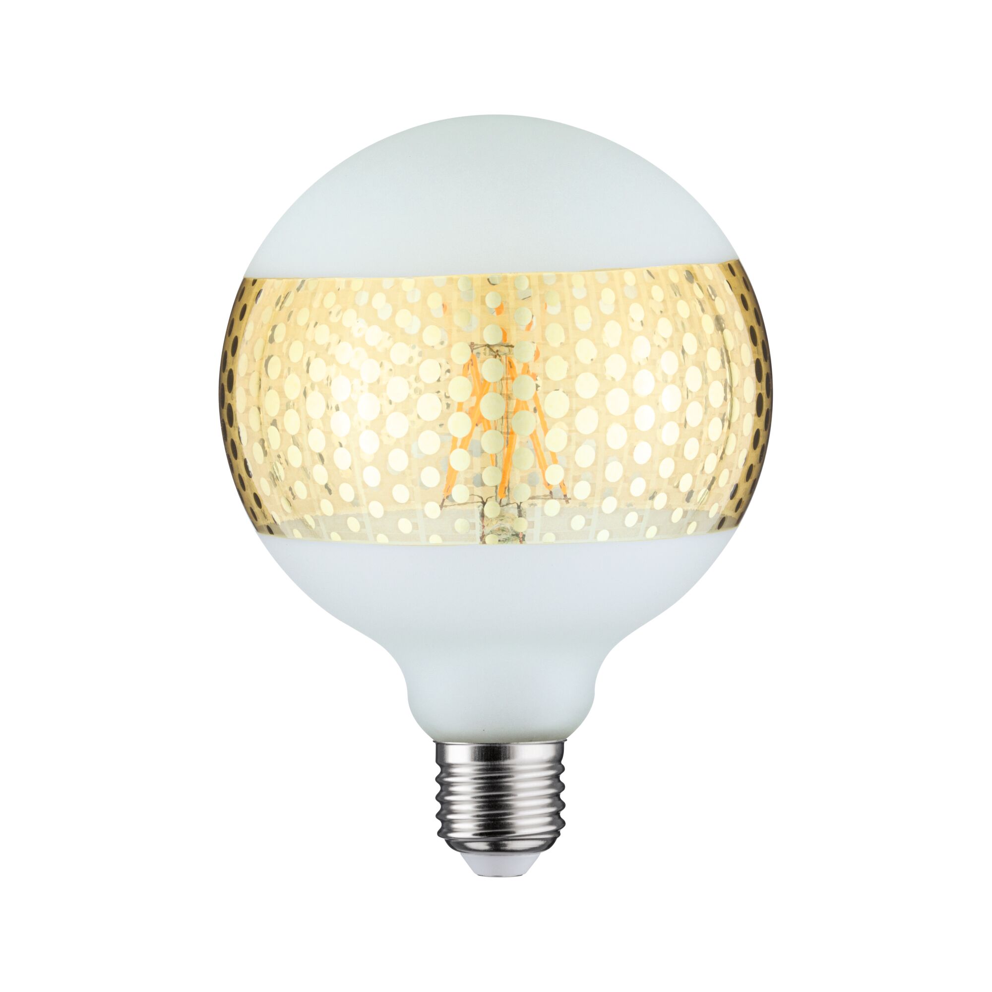 Ronde LED-lamp met mat wit glas en gouden stippenpatroon voor decoratieve verlichting