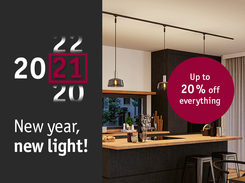 Modern kitchen lighting with three hanging pendant lamps over wooden countertop, 20 percent discount offer.