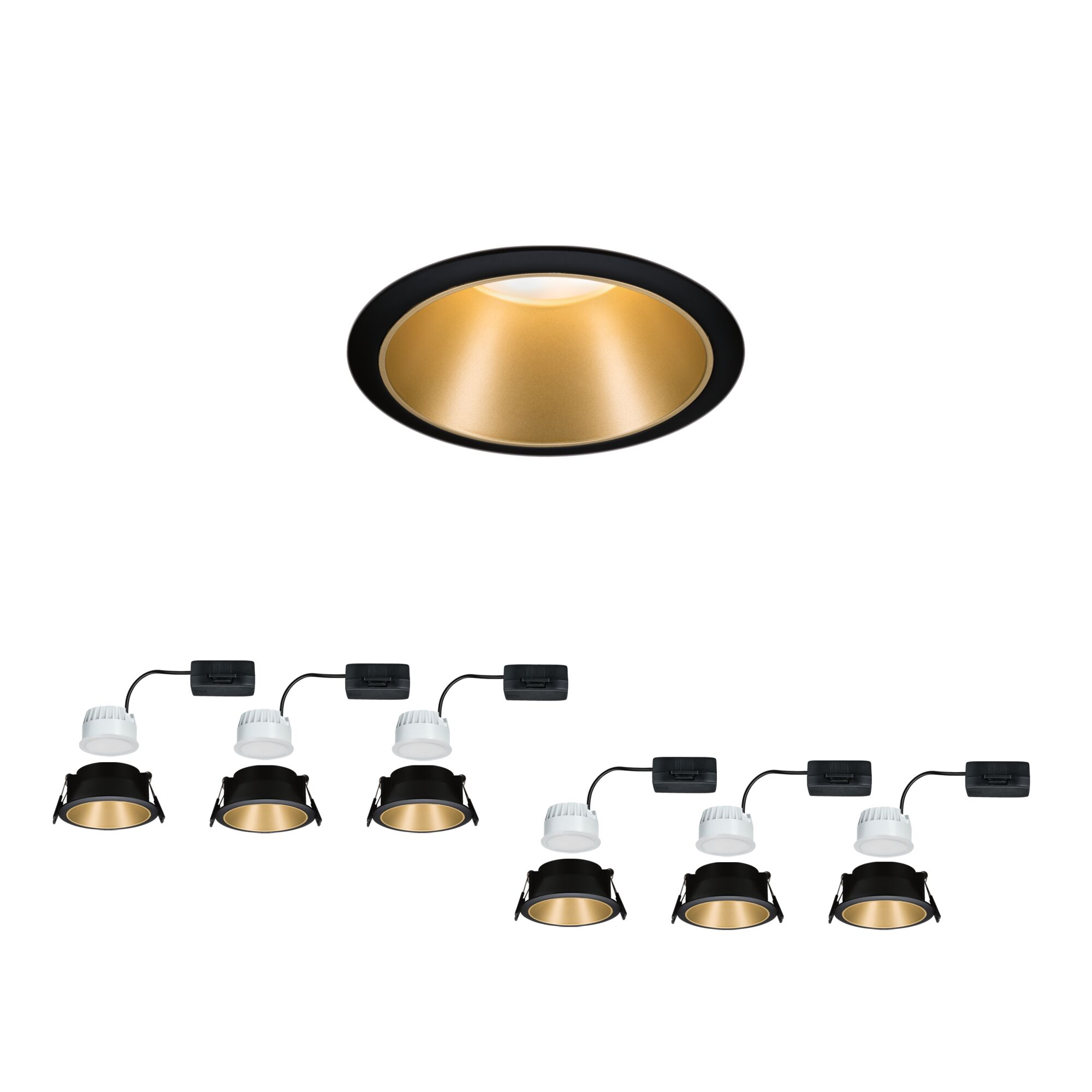 Spot encastré LED 3-Step-Dim Cole Coin Kit de 6 IP44 rond 88mm Coin 6x6W 6x470lm 230V gradable 2700K Noir/Doré mat Spot encastré noir avec réflecteur doré et driver LED pour éclairage intérieur moderne