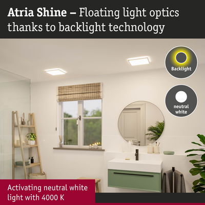 Modern bathroom with Atria Shine LED ceiling lights emitting neutral white light and backlight technology