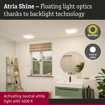 Modern bathroom with Atria Shine LED ceiling lights emitting neutral white light and backlight technology
