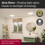 Modern bathroom with Atria Shine LED ceiling lights emitting neutral white light and backlight technology