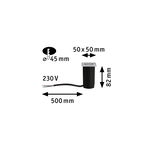 Technische Zeichnung eines schwarzen Einbau-LED-Spots mit 50x50 mm Edelstahlrahmen und 230V Anschlusskabel.