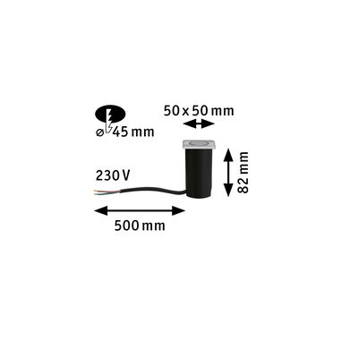Technische Zeichnung eines schwarzen Einbau-LED-Spots mit 50x50 mm Edelstahlrahmen und 230V Anschlusskabel.