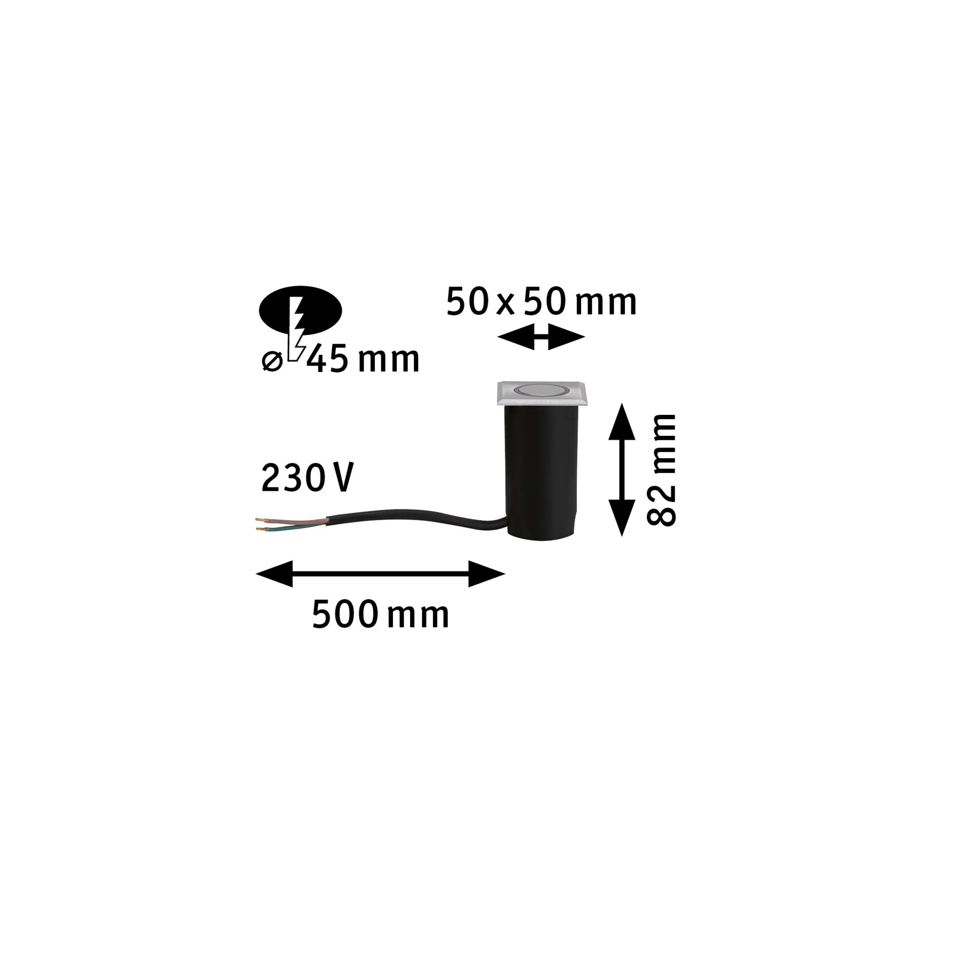 Technische Zeichnung eines schwarzen Einbau-LED-Spots mit 50x50 mm Edelstahlrahmen und 230V Anschlusskabel.