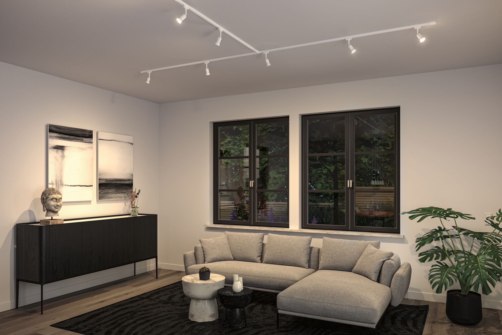 Salon moderne avec canapé en tissu gris, buffet noir et spots blancs au plafond pour éclairage d'ambiance