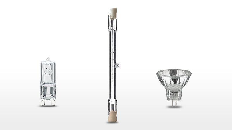 Tre forskellige klare halogenpærer i forskellige former til alsidige belysningsløsninger.