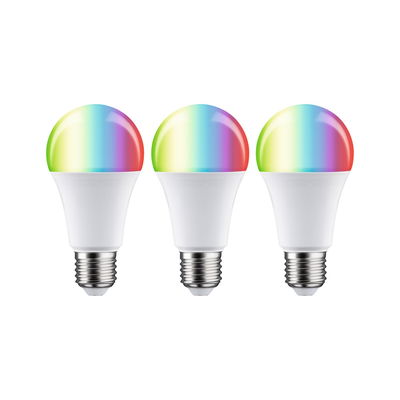Set of three white LED bulbs with colorful RGB glass tops for dynamic lighting effects