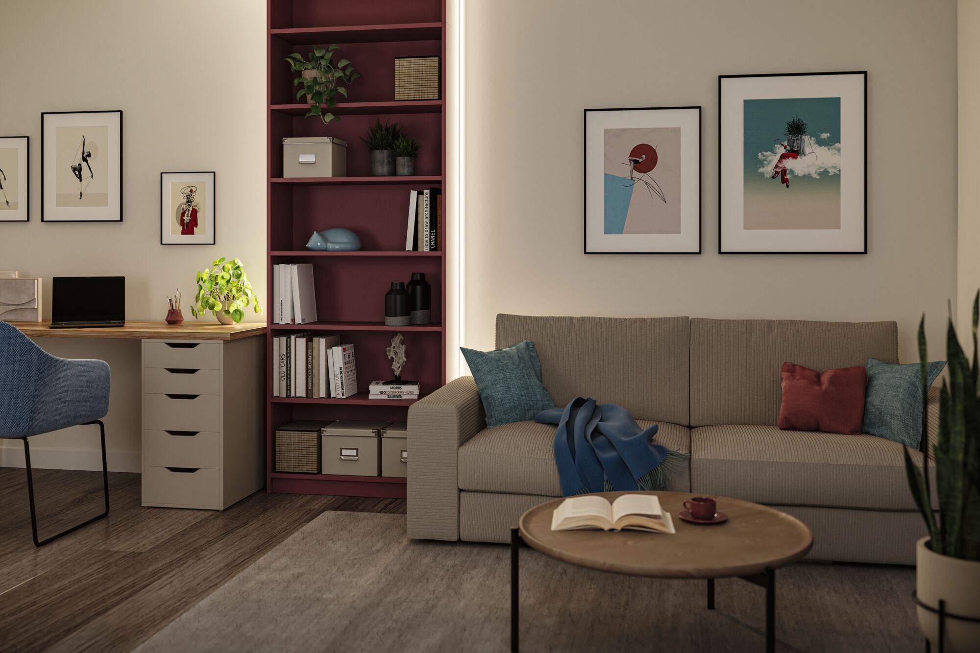 Modern living room with beige sofa, blue armchair, red bookshelf and wooden desk with laptop