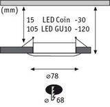 Teknisk tegning af LED-indbygningsspot med Coin- og GU10-fatning, mål i millimeter.