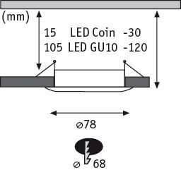 Technical drawing of LED recessed spotlight with Coin and GU10 sockets, dimensions in millimeters.
