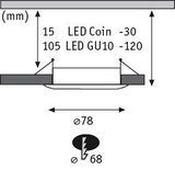 Technical drawing of LED recessed spotlight with Coin and GU10 sockets, dimensions in millimeters.