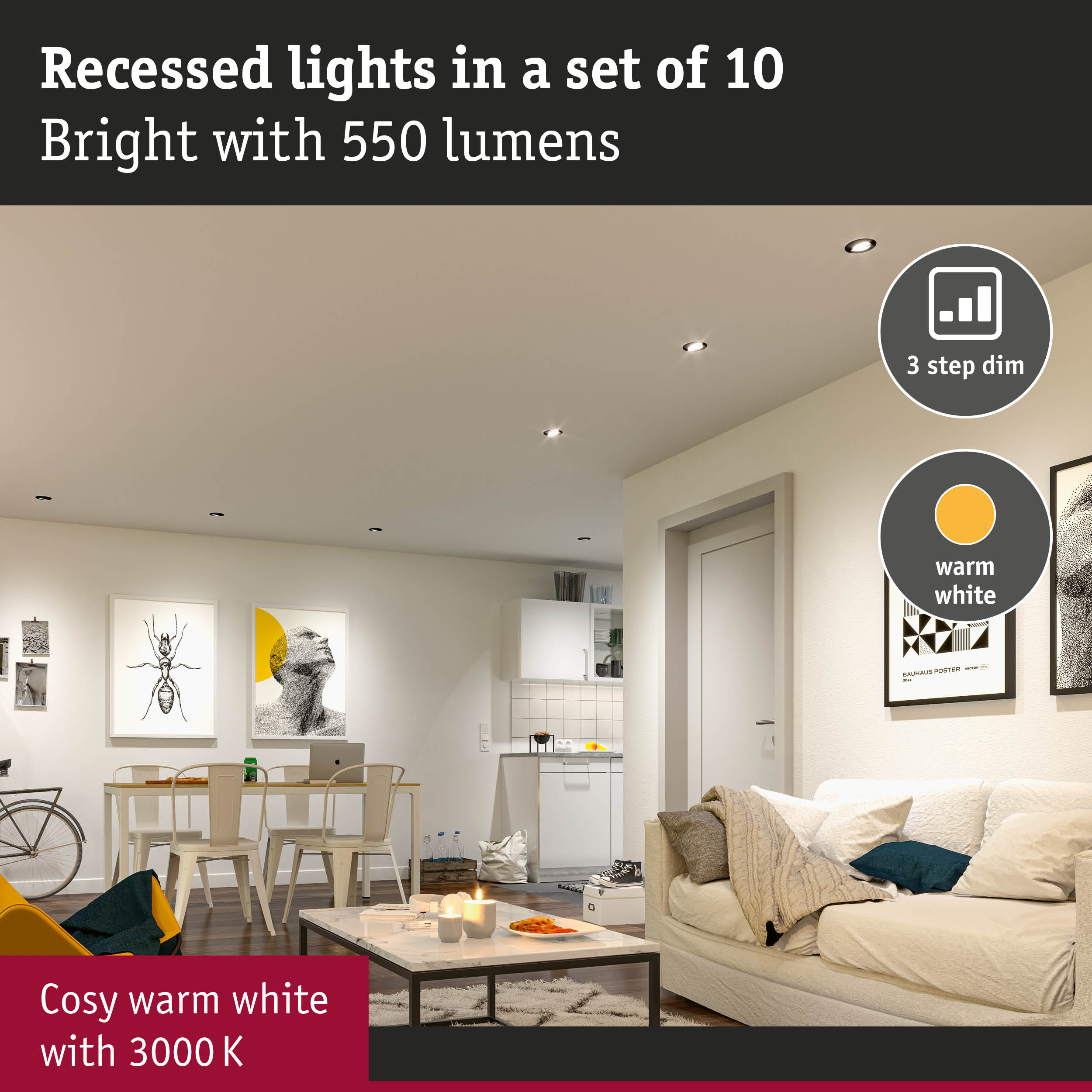 Set of 10 recessed lights with 550 lumens, warm white 3000K and 3-step dimming for cozy living room lighting