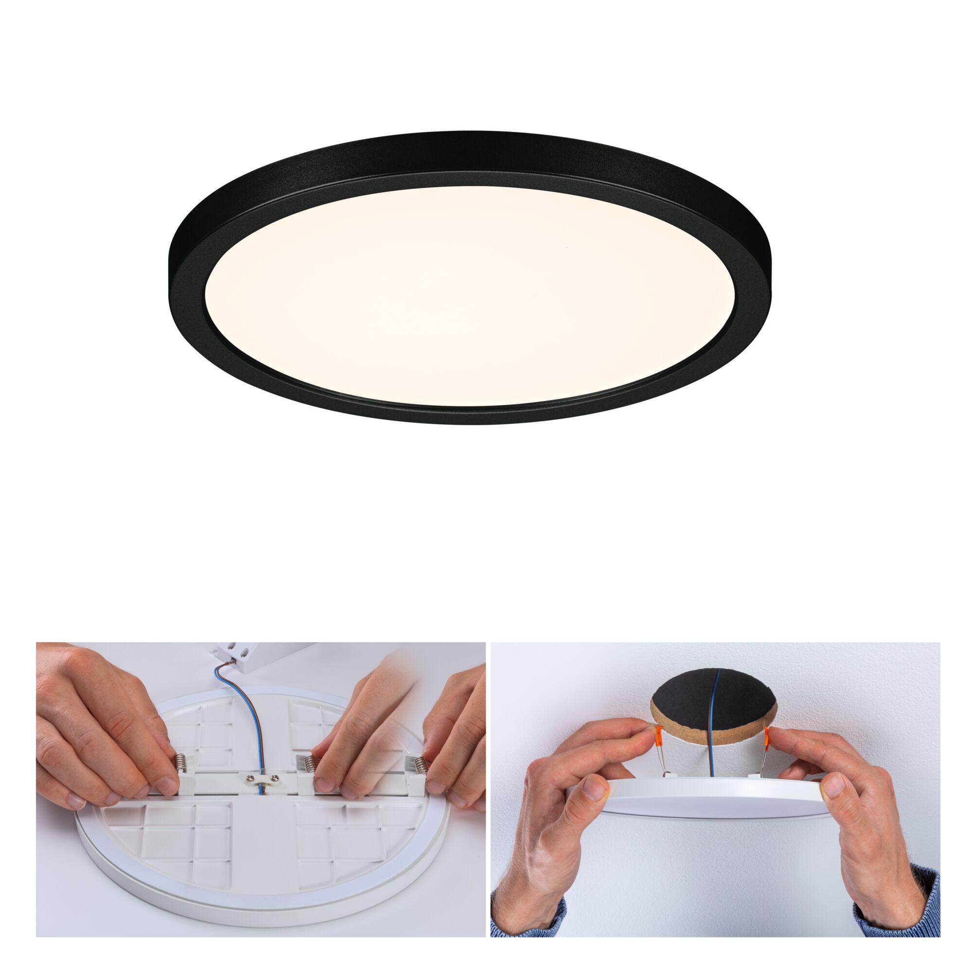 Runde LED-Deckenleuchte mit schwarzem Rahmen und warmweißem Licht, Montageanleitung mit Handmontage.