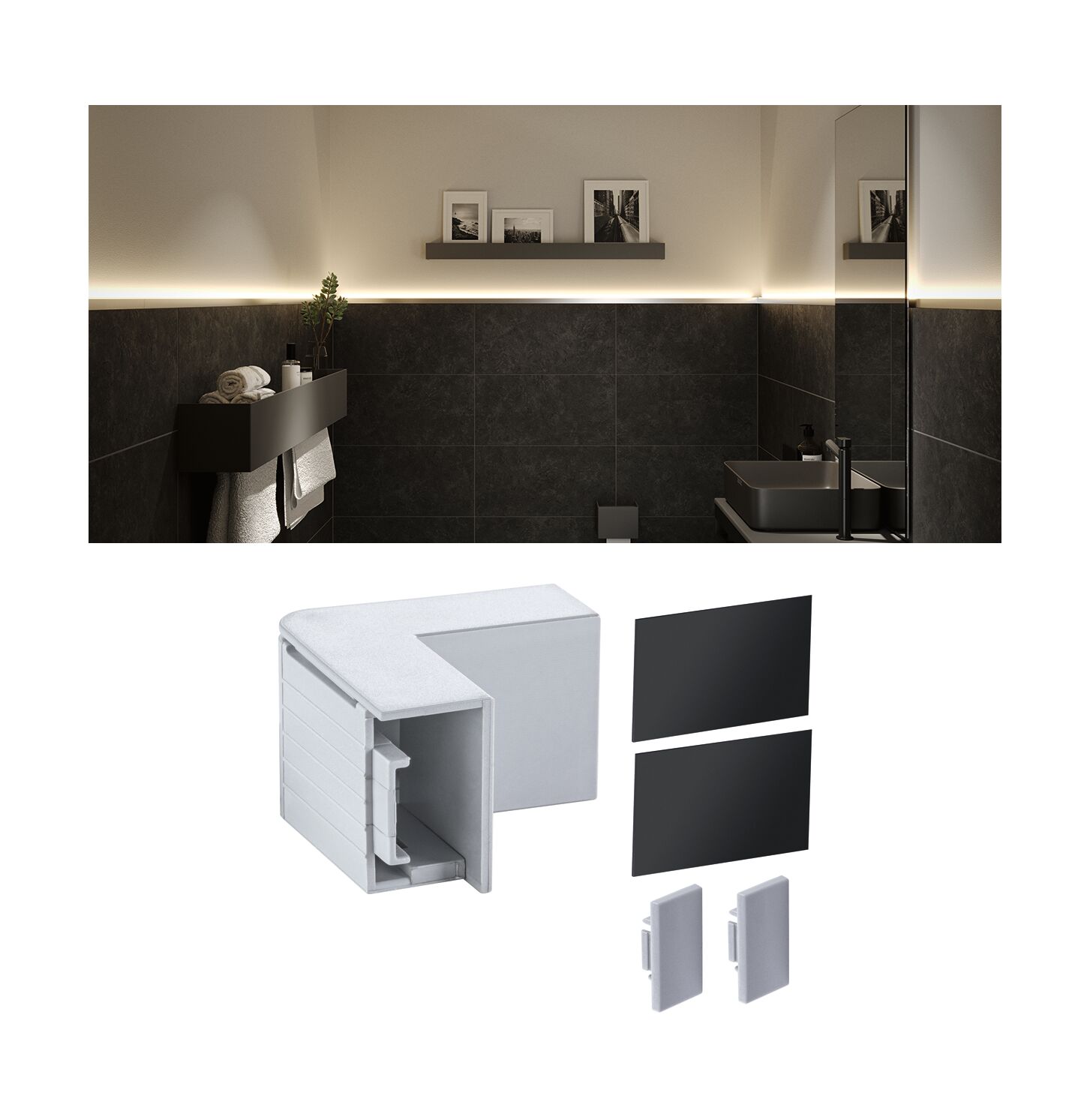 Connecteur d'angle en plastique blanc pour profilé LED mural, éclairage indirect dans salle de bain moderne.