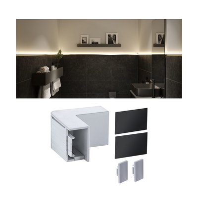 White plastic LED wall profile corner connector for indirect lighting in modern bathroom design.