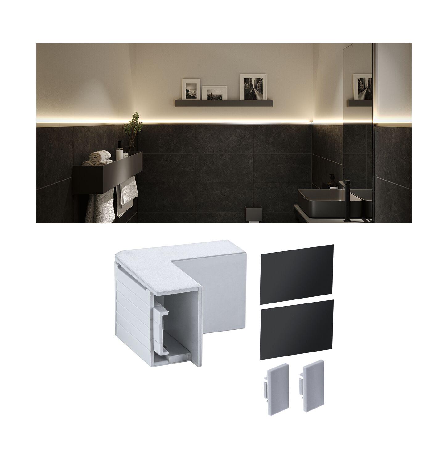 Connecteur d'angle en plastique blanc avec caches noirs pour profils LED en aluminium pour installation lumineuse