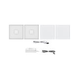 Four square white LED panel lights with driver and connection cable for modern lighting solutions