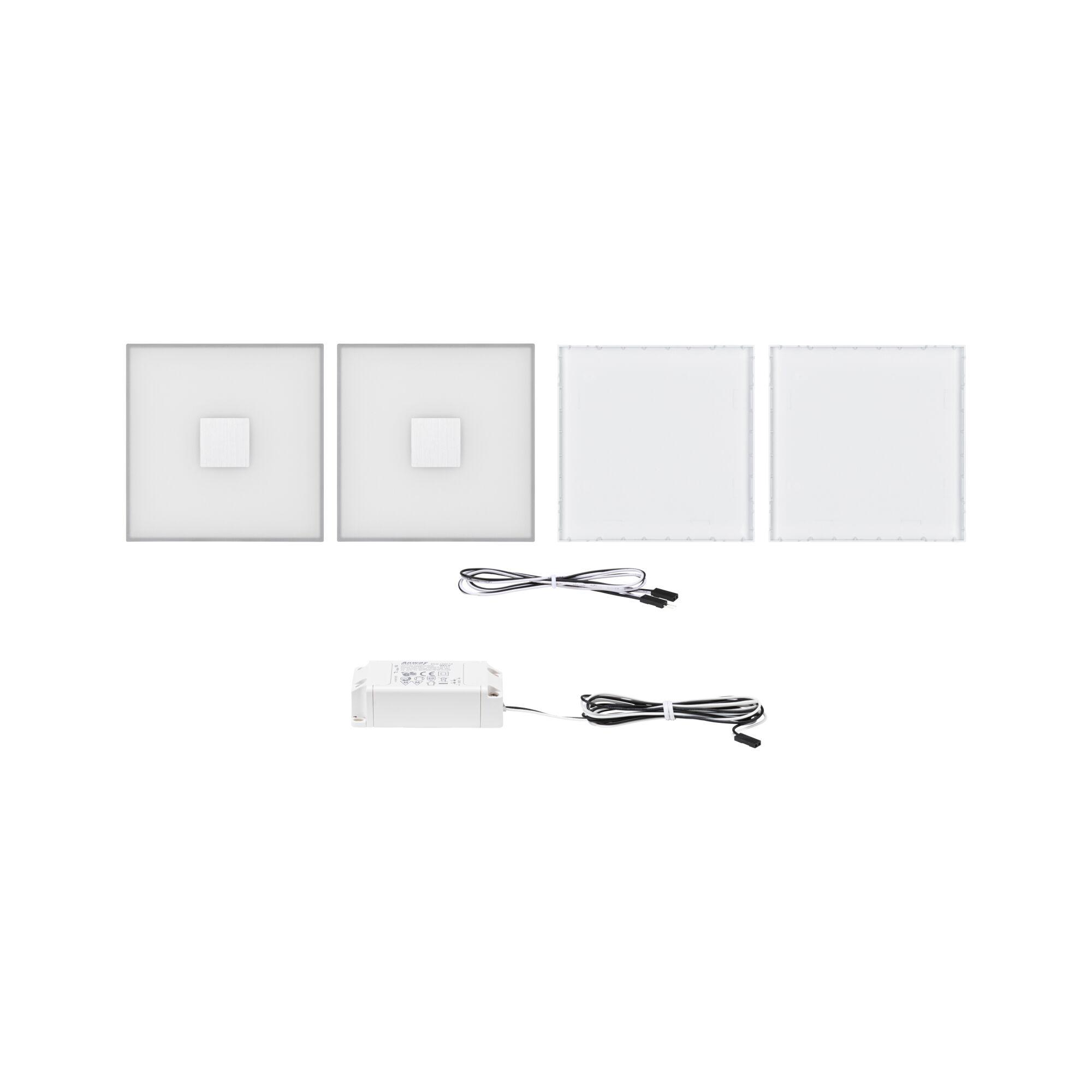 Set of two square white LED panels with plastic frame and matching power supply for indoor lighting