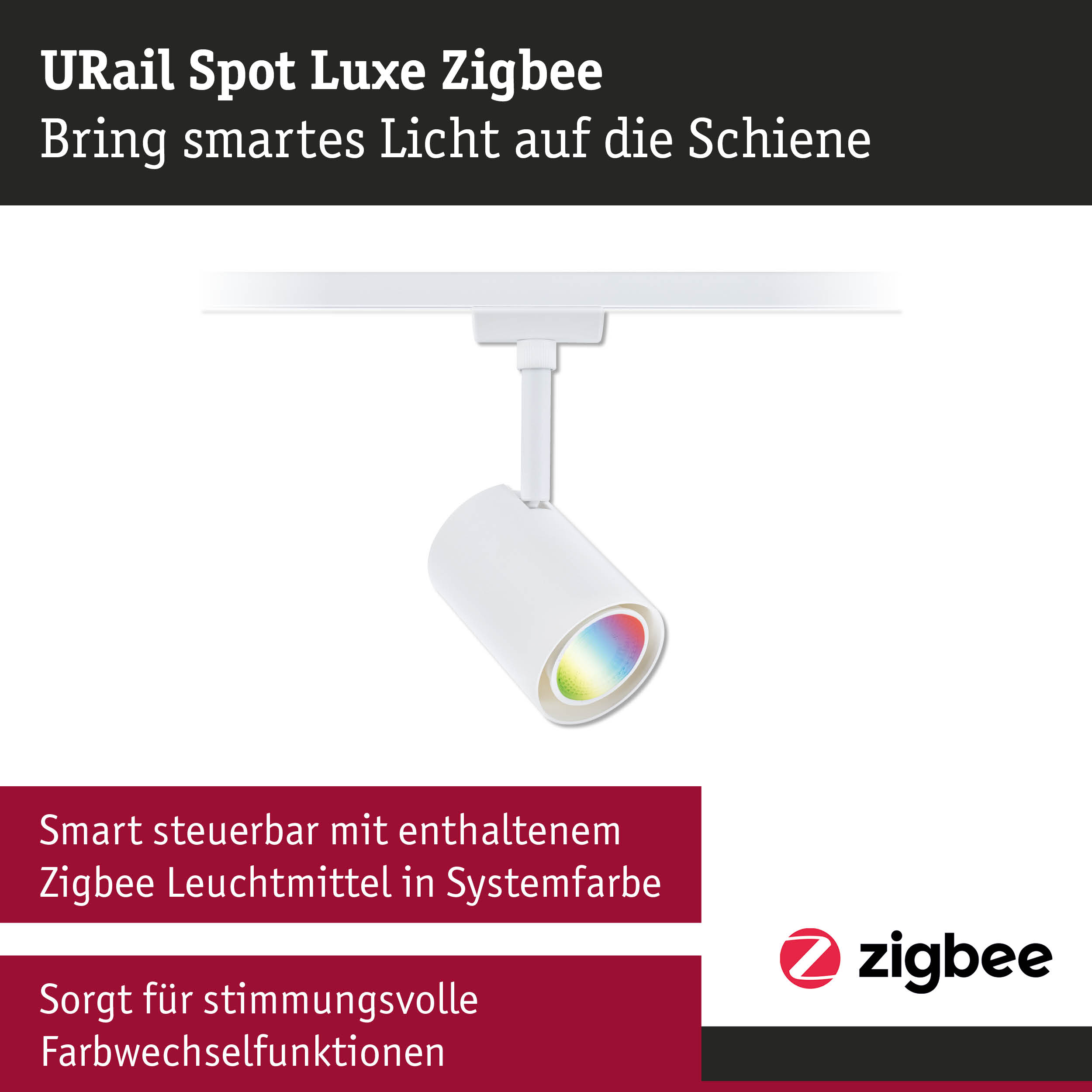 Weißer URail Spot Luxe Zigbee LED-Strahler mit smarten Farbwechsel-Funktionen für Schienensysteme