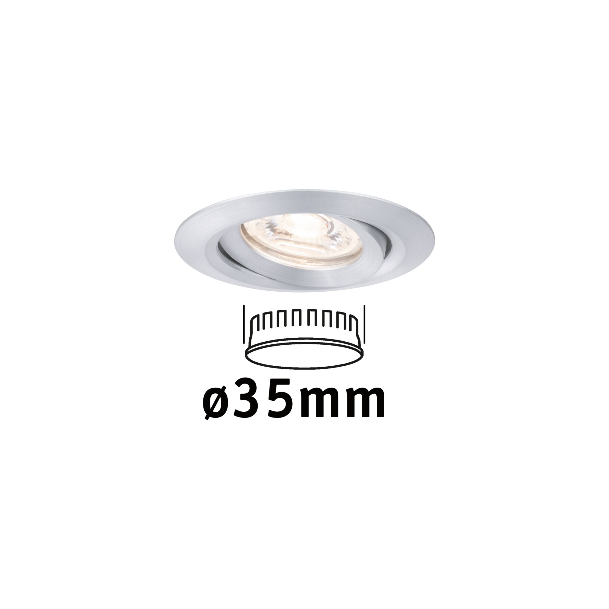 Spot encastré LED Nova Mini Coin Luminaire individuel orientable rond 66mm 15° Coin 4W 310lm 230V 2700K Alu tourné Spot encastré rond en aluminium brossé argenté de 35 mm de diamètre pour éclairage LED