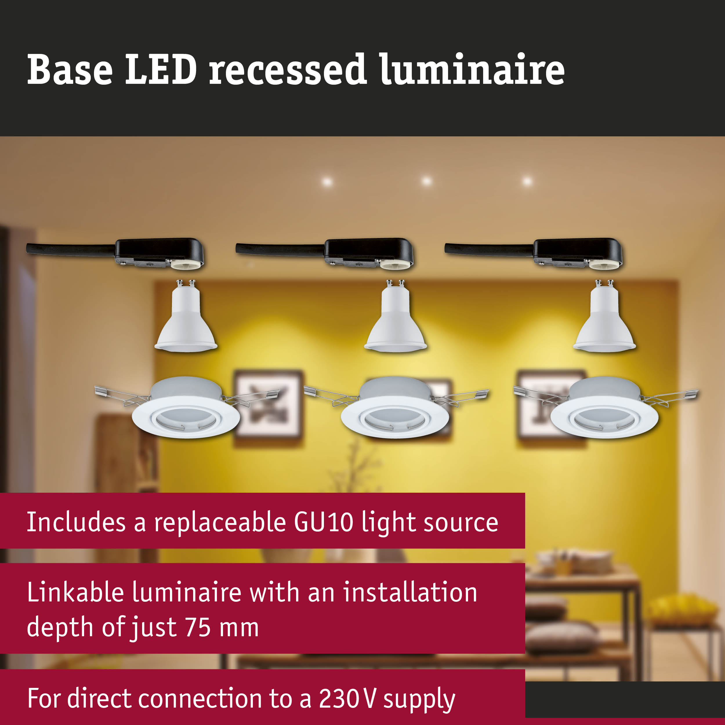 White LED recessed luminaires with black connection box, including replaceable GU10 light source, for 230V supply