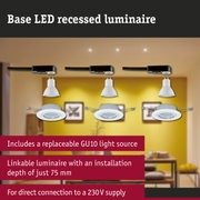 White LED recessed luminaires with black connection box, including replaceable GU10 light source, for 230V supply